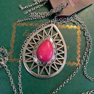 36” adjustable pendant necklace with earrings hot pink cracklestone